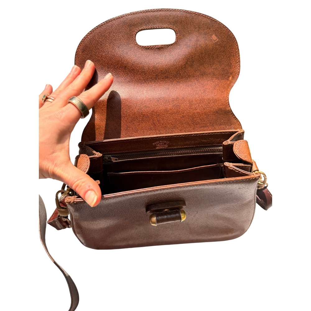 Vintage Gucci 1970s Brown Leather Mini Bag Bamboo Precursor Crossbody Purse - Picture 8 of 11